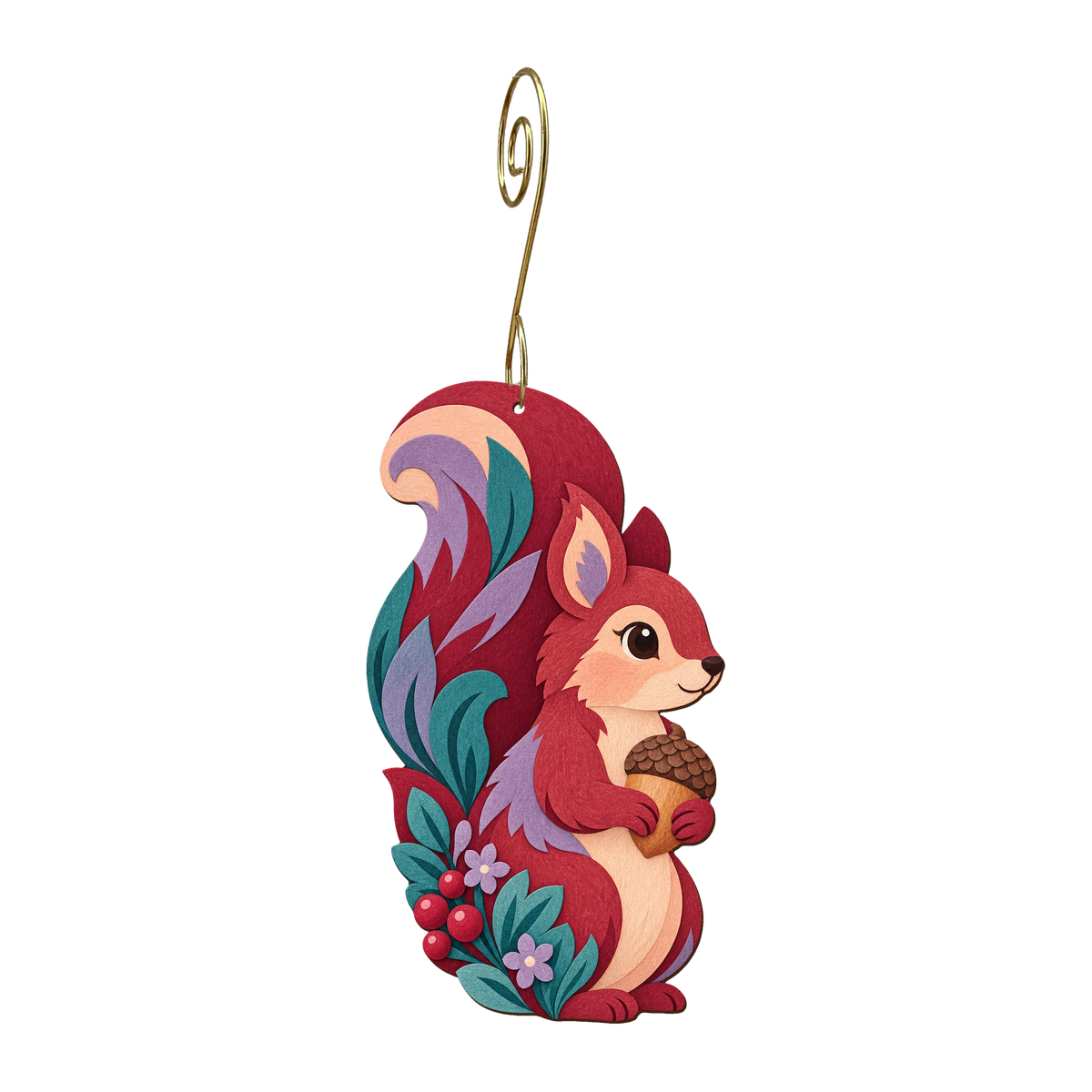 Squirrel wooden ornament O617 with gold spiral hook by Green Tree Jewelry