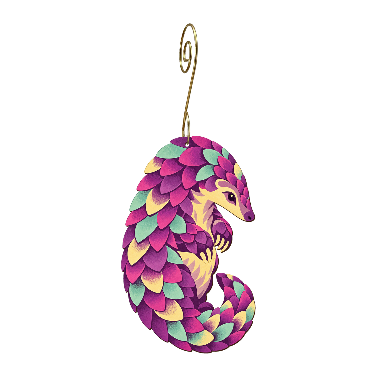 Pangolin wooden ornament O618 with gold spiral hook by Green Tree Jewelry