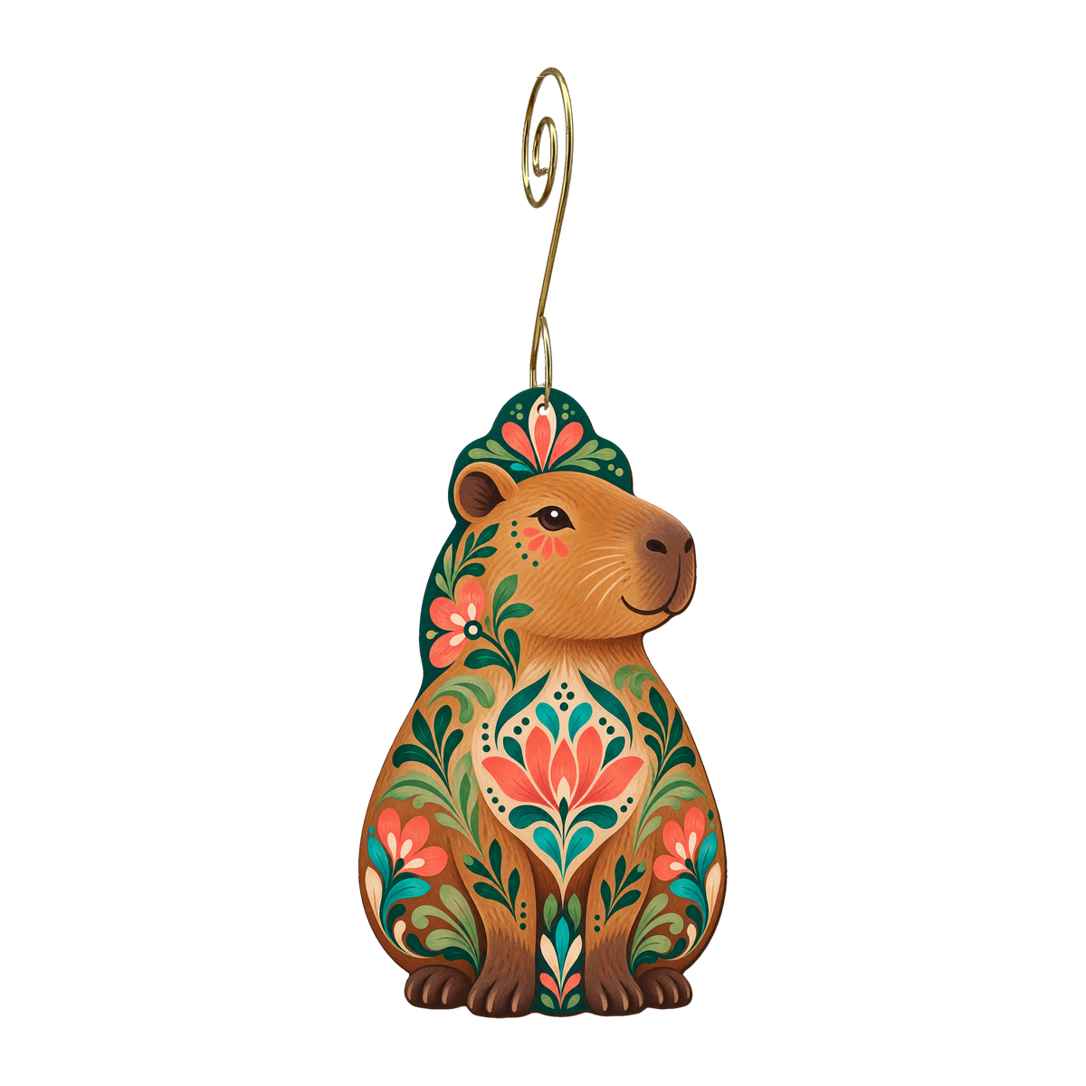 Capybara wooden ornament O619 with gold spiral hook by Green Tree Jewelry