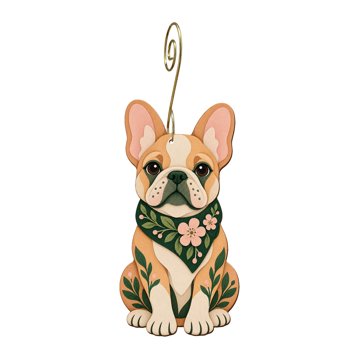 French Bulldog wooden ornament O620 with gold spiral hook by Green Tree Jewelry