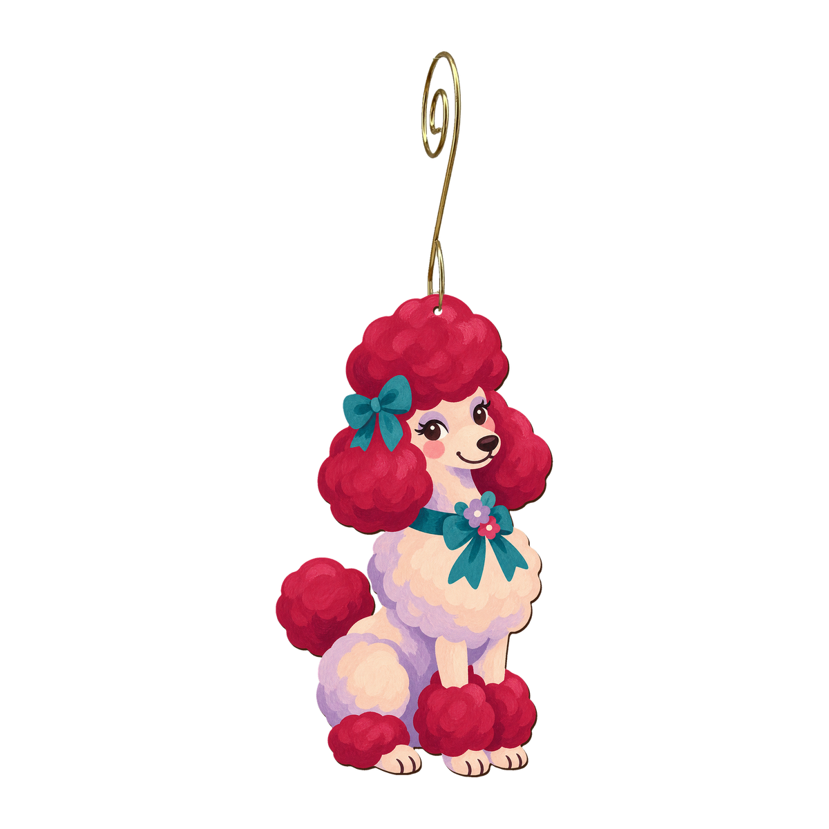 Poodle wooden ornament O621 with gold spiral hook by Green Tree Jewelry