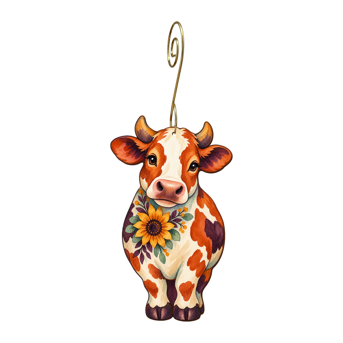 Dairy Cow wooden ornament O622 with gold spiral hook by Green Tree Jewelry