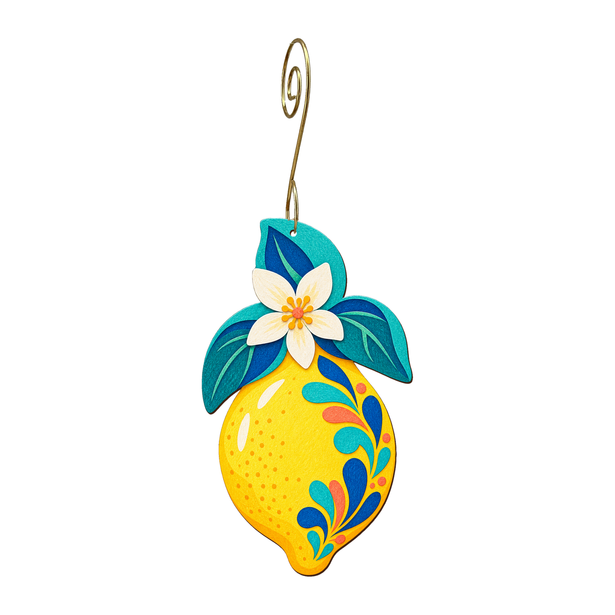 Lemon wooden ornament O623 with gold spiral hook by Green Tree Jewelry