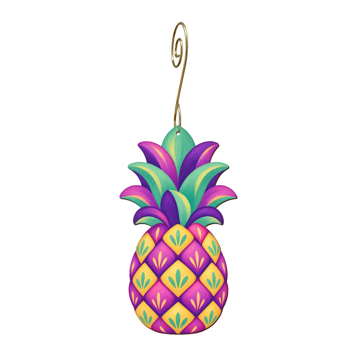 Pineapple wooden ornament O624 with gold spiral hook by Green Tree Jewelry