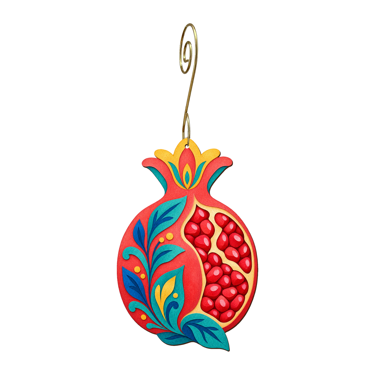 Pomegranate wooden ornament O625 with gold spiral hook by Green Tree Jewelry