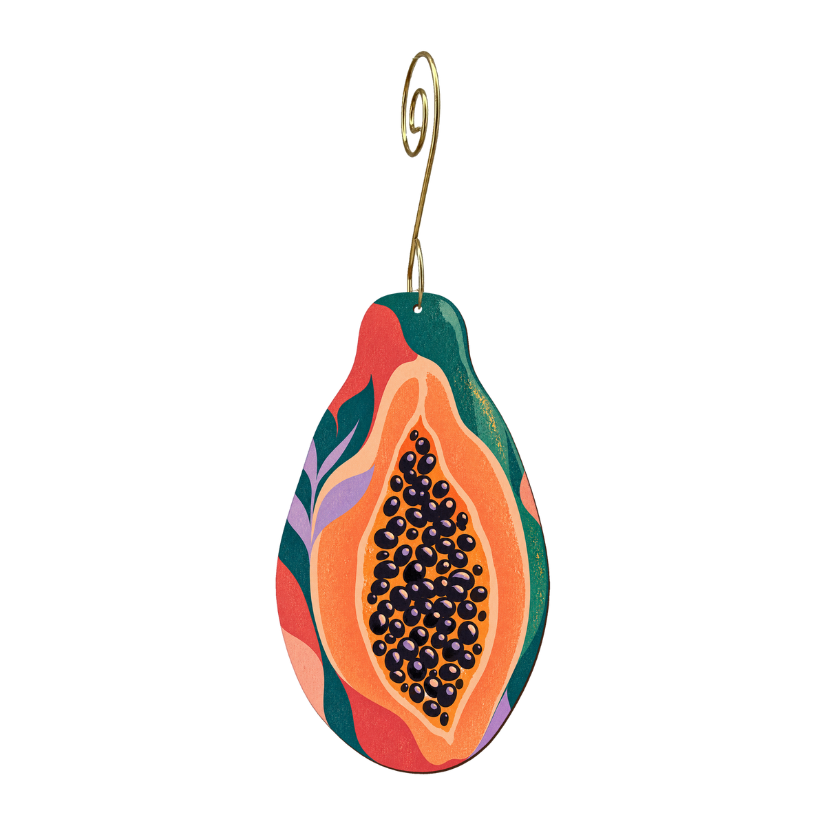 Papaya wooden ornament O626 with gold spiral hook by Green Tree Jewelry