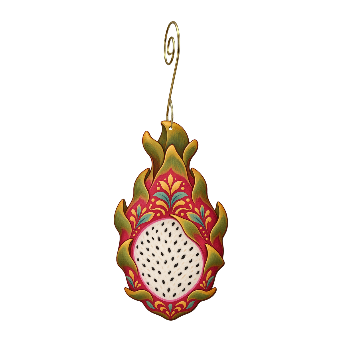 Dragon Fruit wooden ornament O627 with gold spiral hook by Green Tree Jewelry