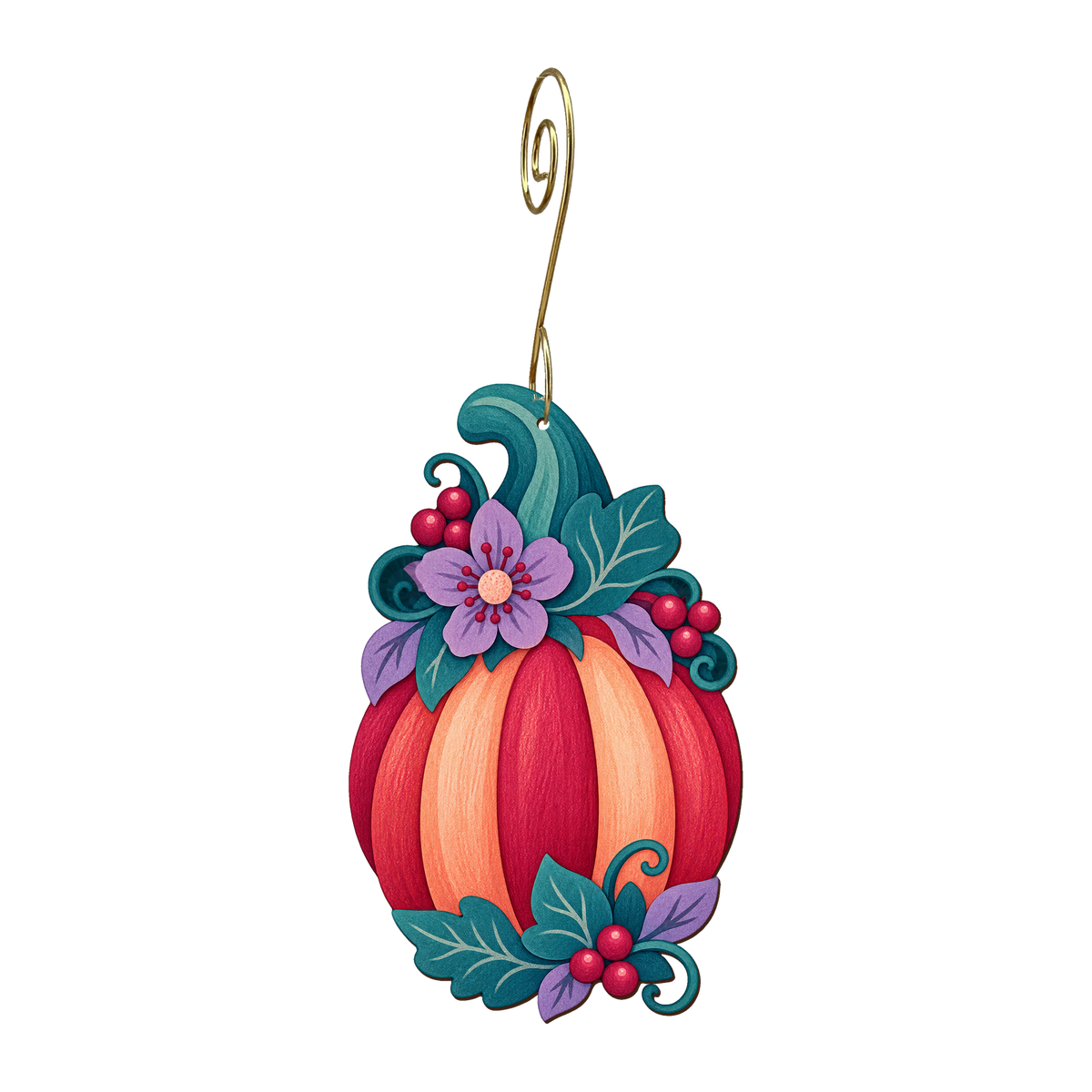 Pumpkin wooden ornament O629 with gold spiral hook by Green Tree Jewelry