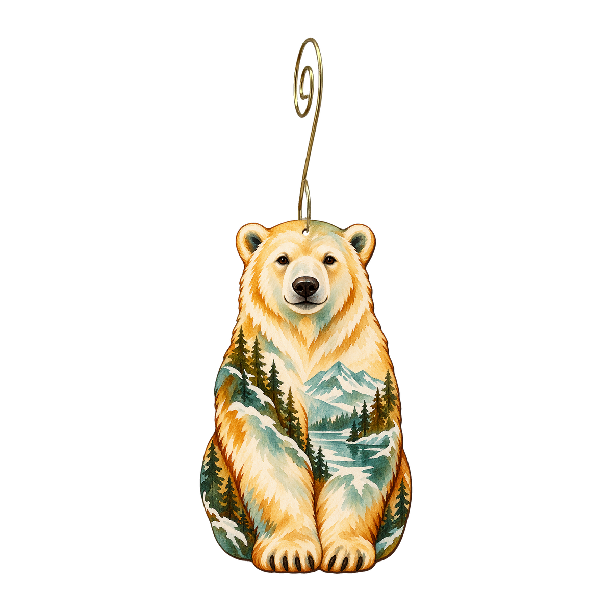 Polar Bear wooden ornament O632 with gold spiral hook by Green Tree Jewelry