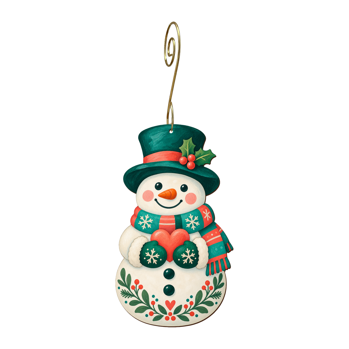 Snowman wooden ornament O633 with gold spiral hook by Green Tree Jewelry
