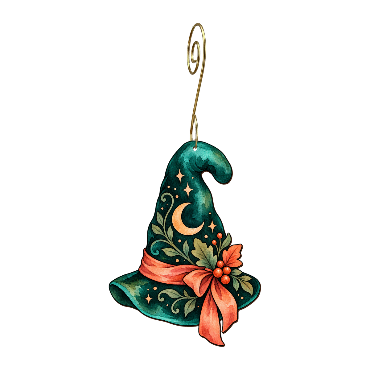Witch Hat wooden ornament O634 with gold spiral hook by Green Tree Jewelry