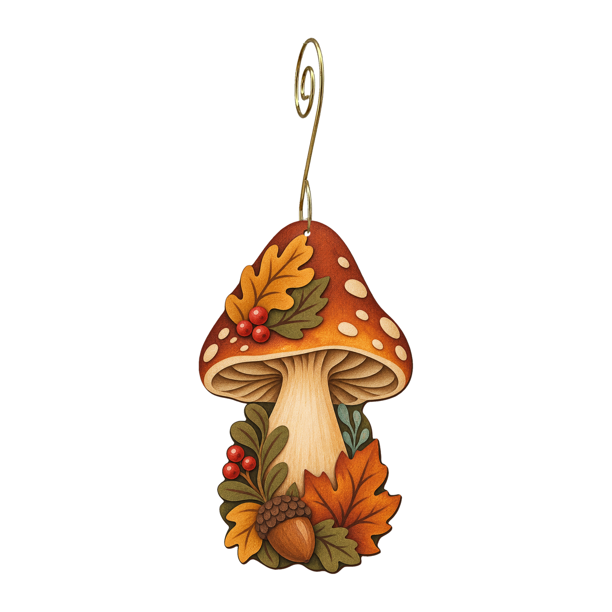 Autumn Mushroom wooden ornament O635 with gold spiral hook by Green Tree Jewelry
