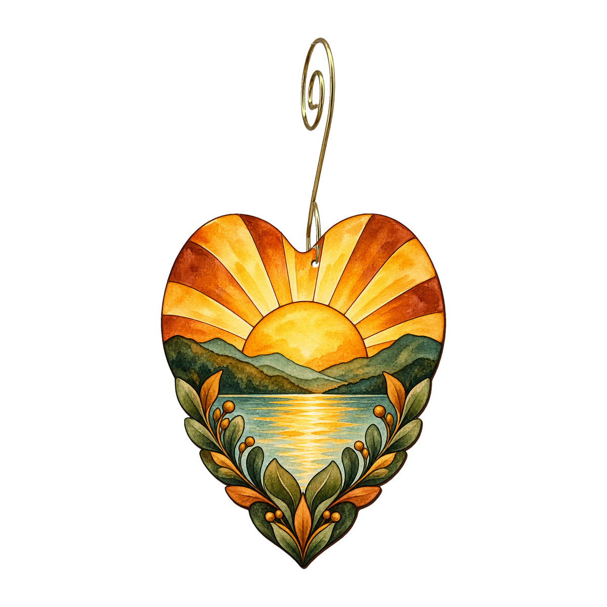 Sunrise Heart wooden ornament O636 with gold spiral hook by Green Tree Jewelry