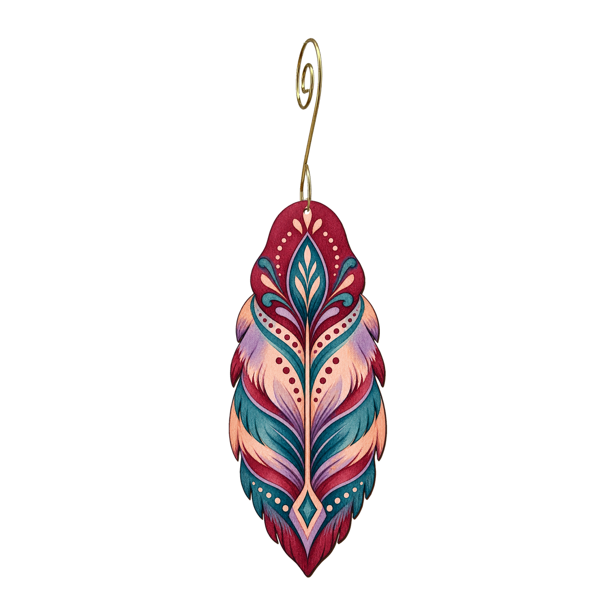 Bohemian Feather wooden ornament O638 with gold spiral hook by Green Tree Jewelry