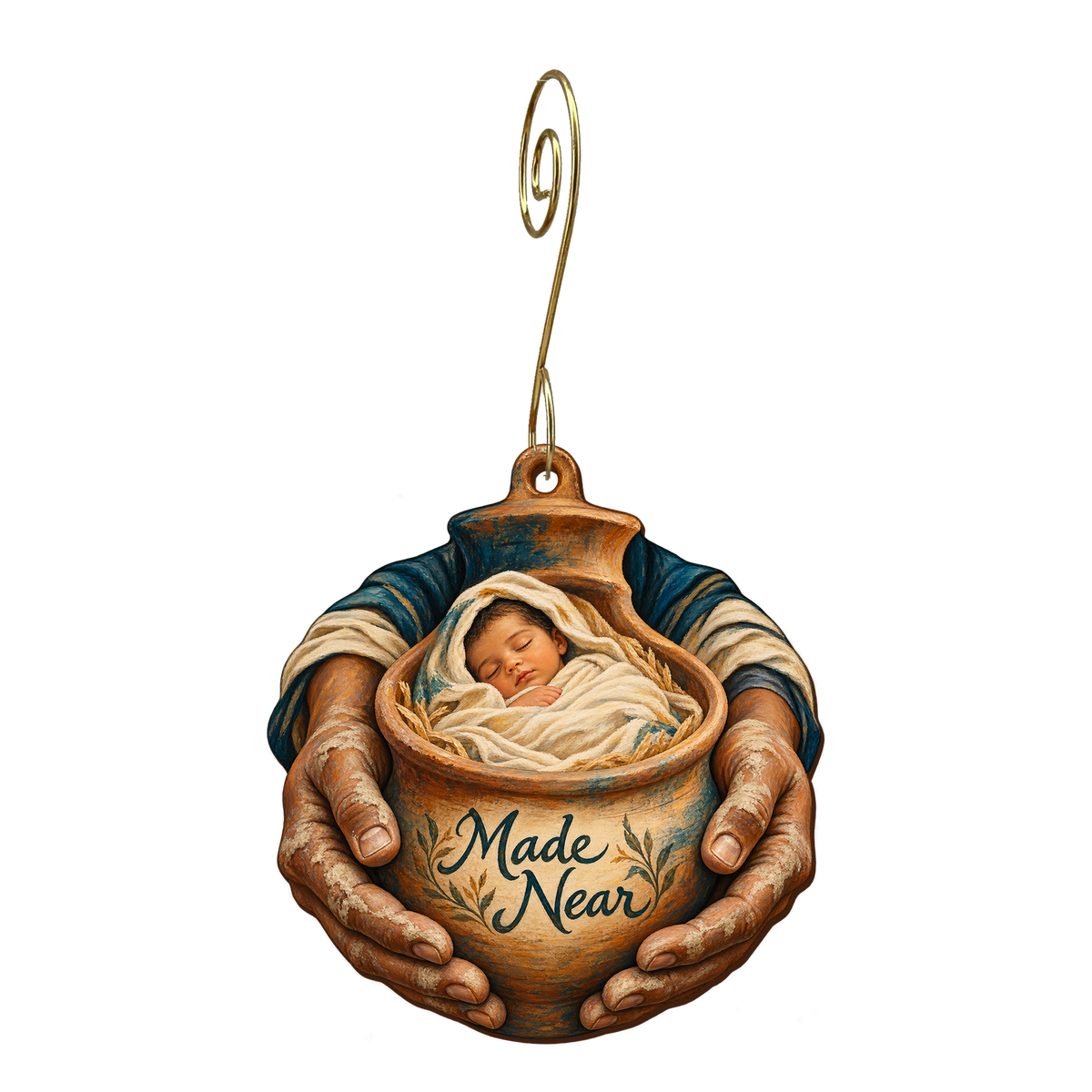 O639 — The Potter Holds the Promise wooden Nativity ornament with gold spiral hook