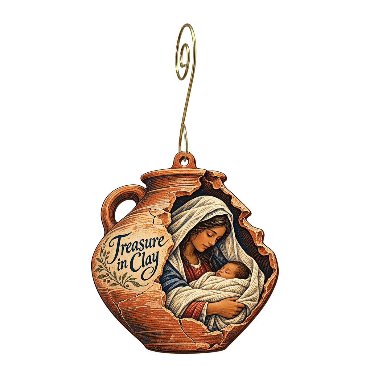 O640 — Clay Jar of Bethlehem wooden Nativity ornament with gold spiral hook