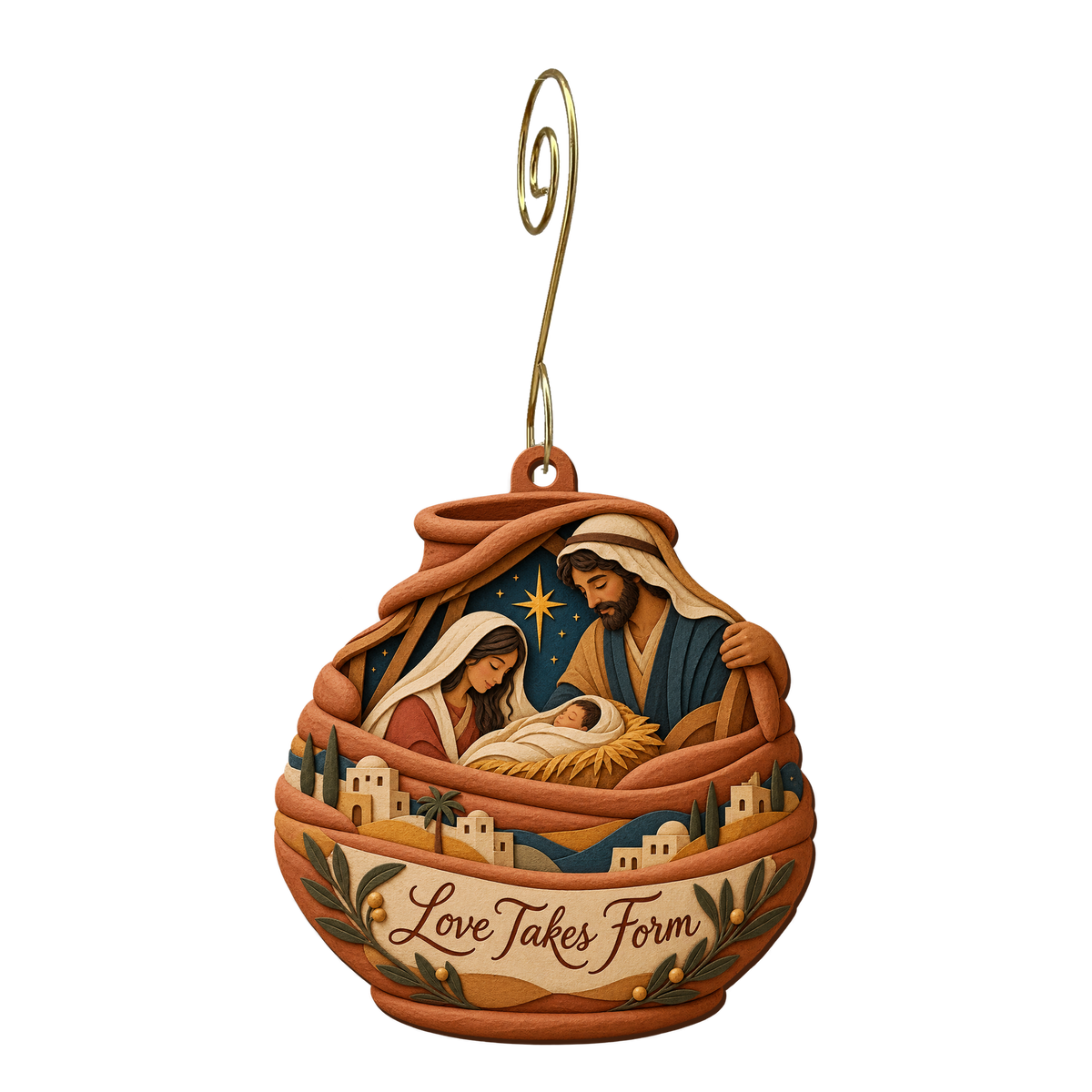 O641 — The Unfinished Vessel wooden Nativity ornament with gold spiral hook