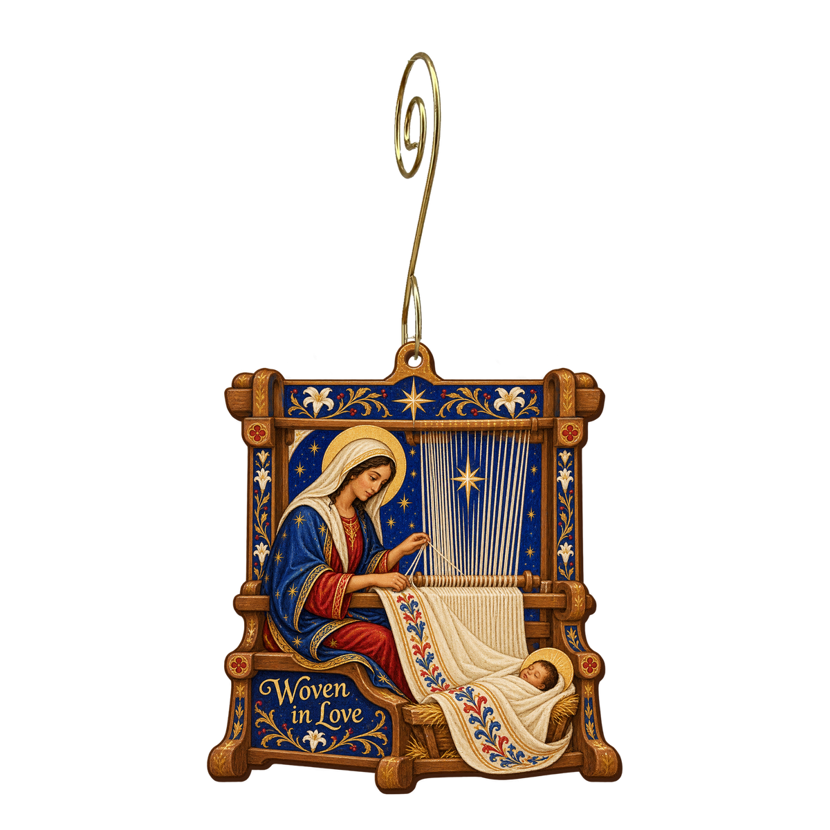 O642 — The Loom of Love wooden Nativity ornament with gold spiral hook