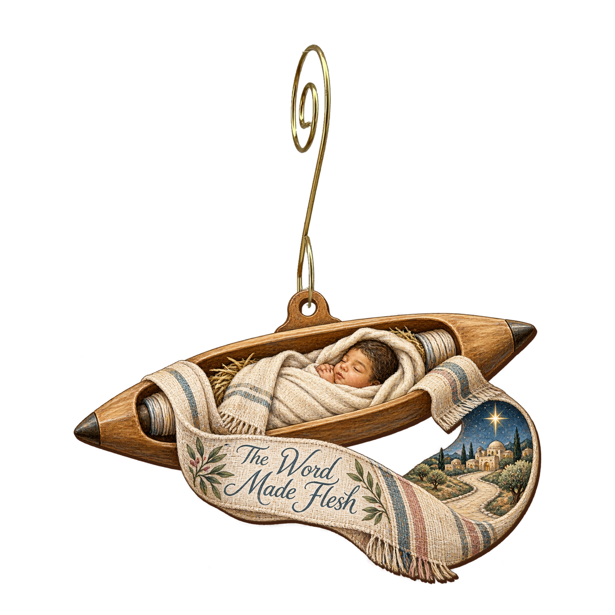 O643 — Shuttle Becomes Cradle wooden Nativity ornament with gold spiral hook