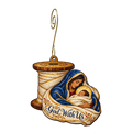 O644 — Threads of Emmanuel wooden Nativity ornament with gold spiral hook