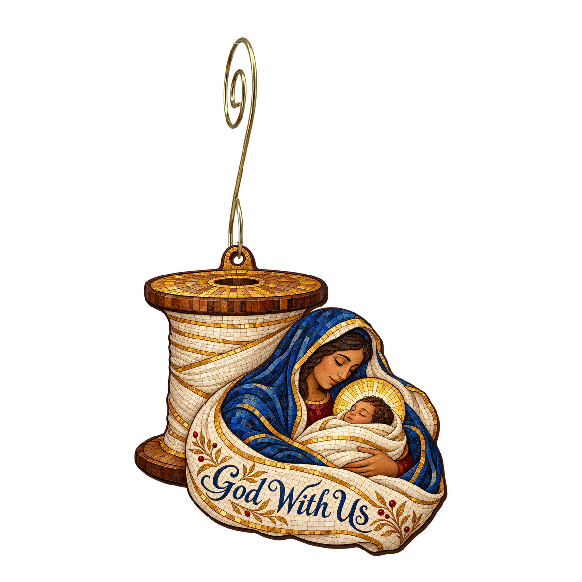 O644 — Threads of Emmanuel wooden Nativity ornament with gold spiral hook