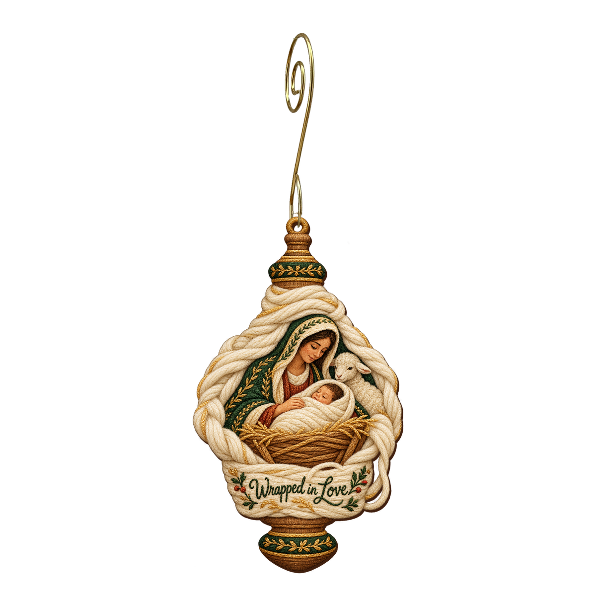 O645 — The Distaff's Gift wooden Nativity ornament with gold spiral hook