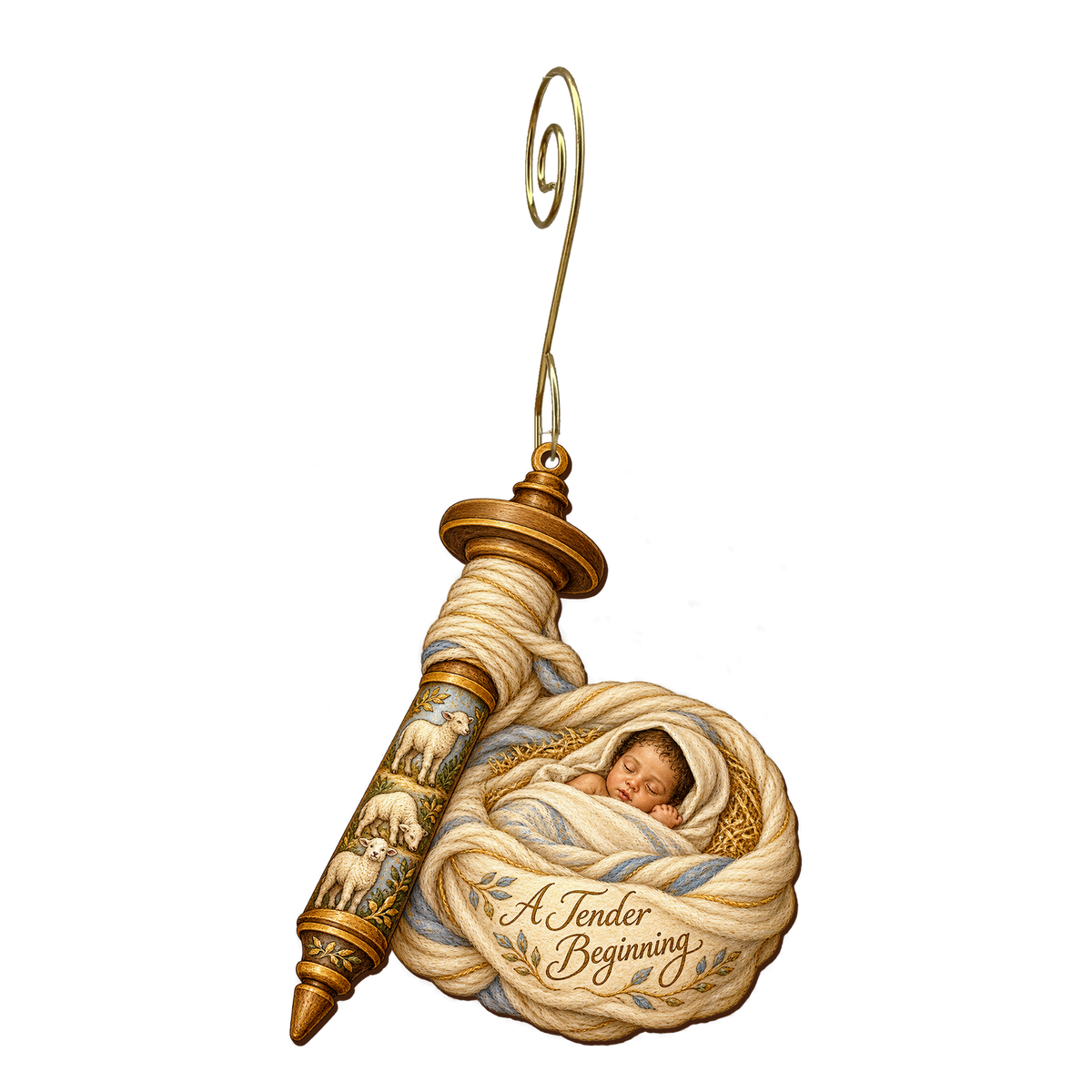 O646 — Spindle of Wonder wooden Nativity ornament with gold spiral hook