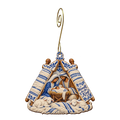 O647 — Wool Card Shelter wooden Nativity ornament with gold spiral hook