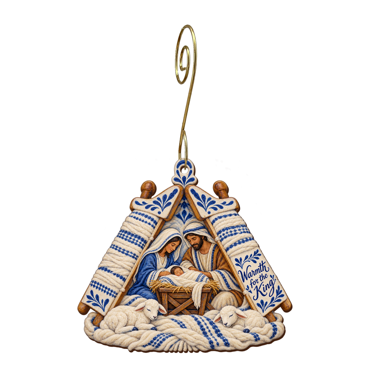 O647 — Wool Card Shelter wooden Nativity ornament with gold spiral hook