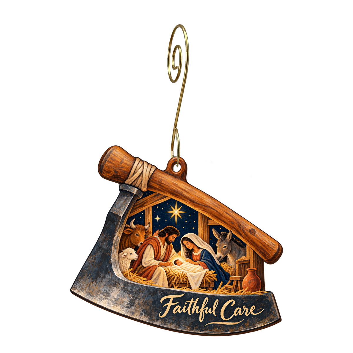 O648 — Adze and the Cradle wooden Nativity ornament with gold spiral hook