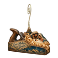 O649 — Shavings into Swaddling wooden Nativity ornament with gold spiral hook