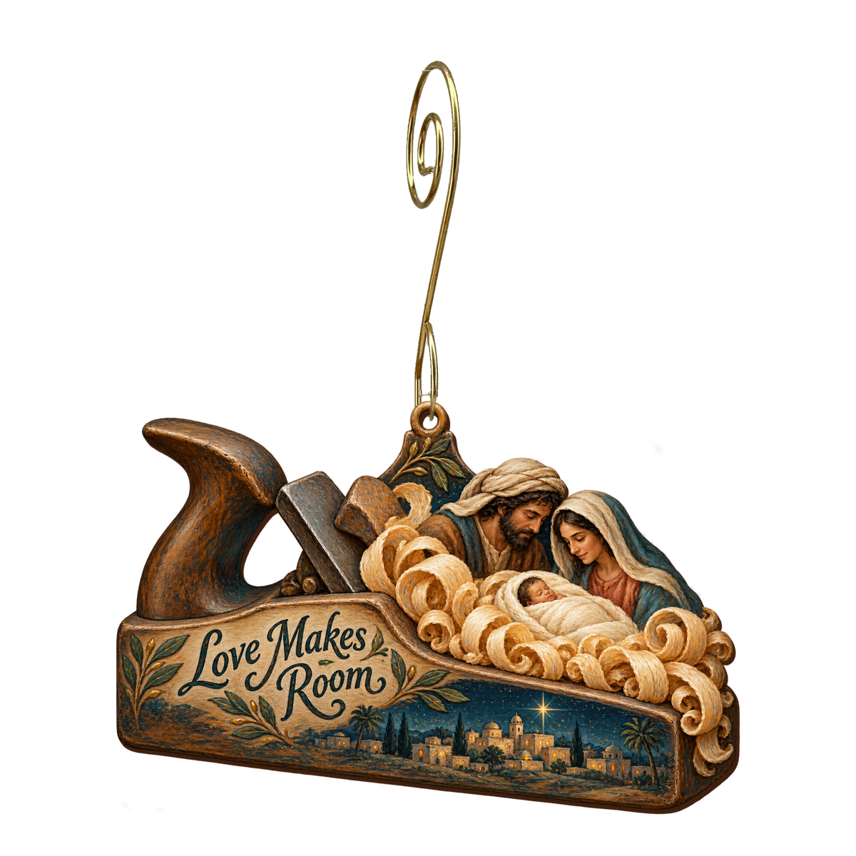 O649 — Shavings into Swaddling wooden Nativity ornament with gold spiral hook