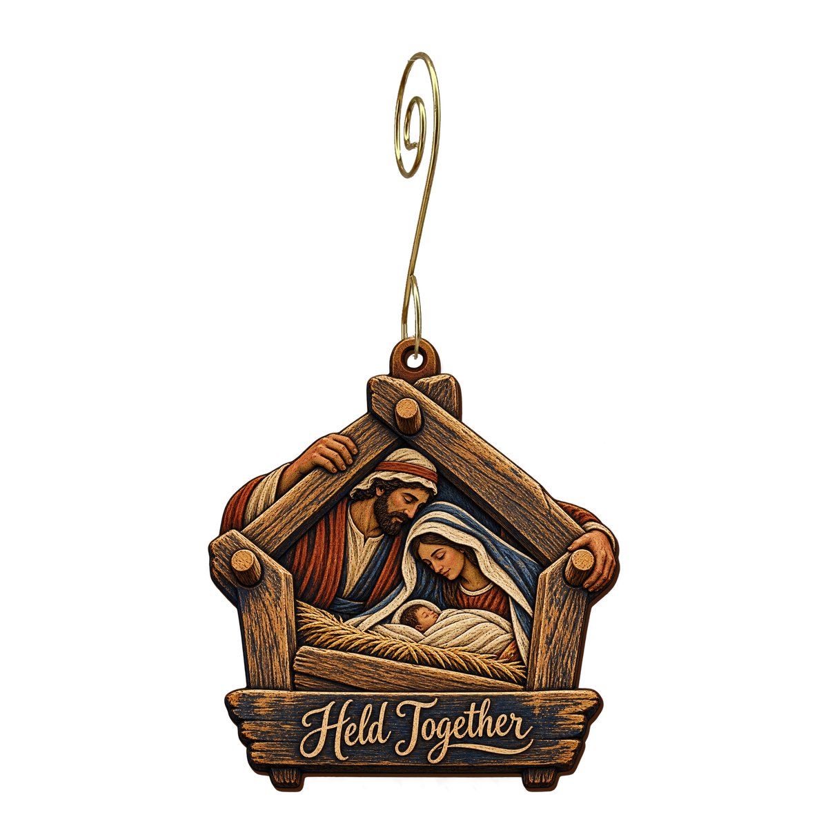 O650 — The Joiner's Promise wooden Nativity ornament with gold spiral hook