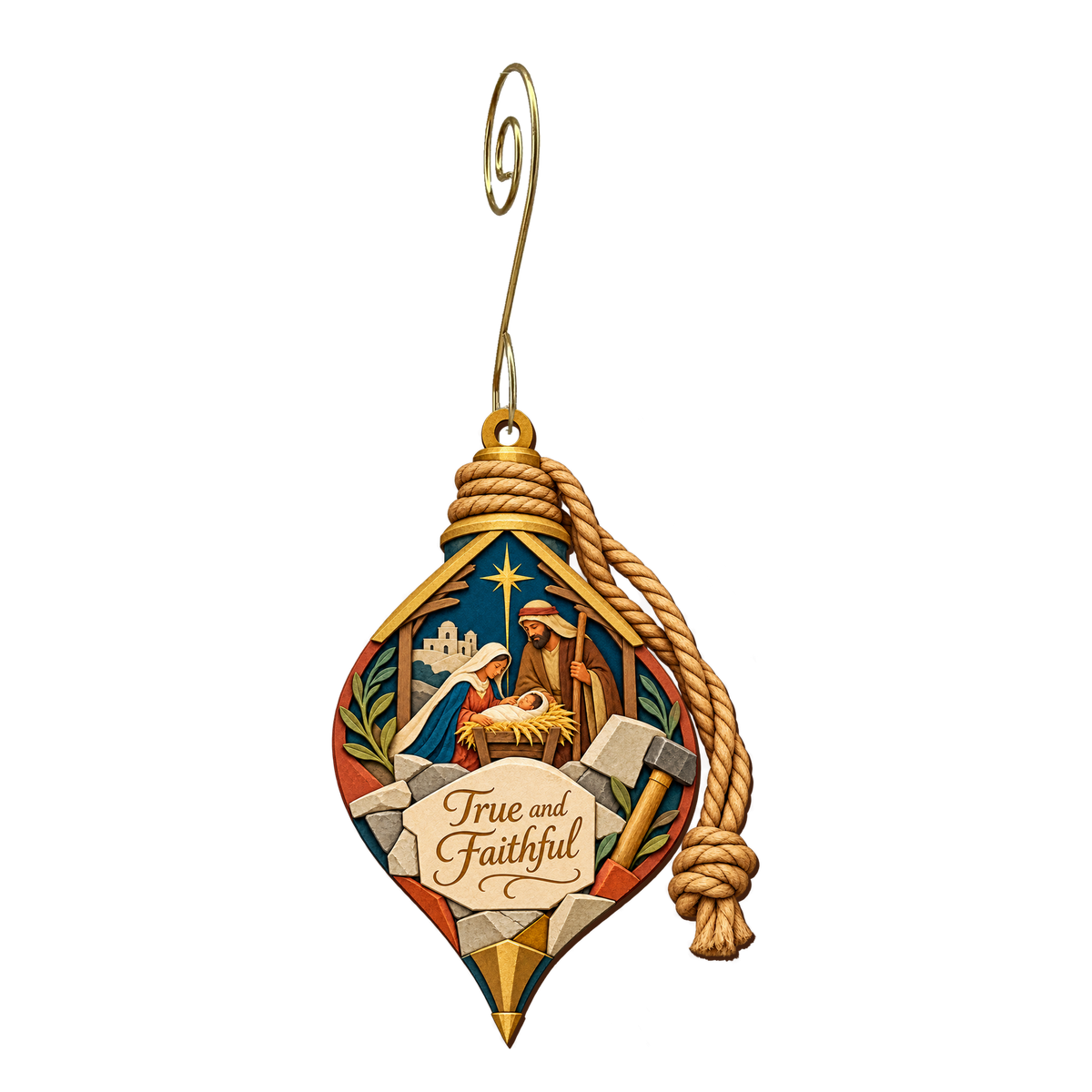 O651 — Plumb Line to Bethlehem wooden Nativity ornament with gold spiral hook