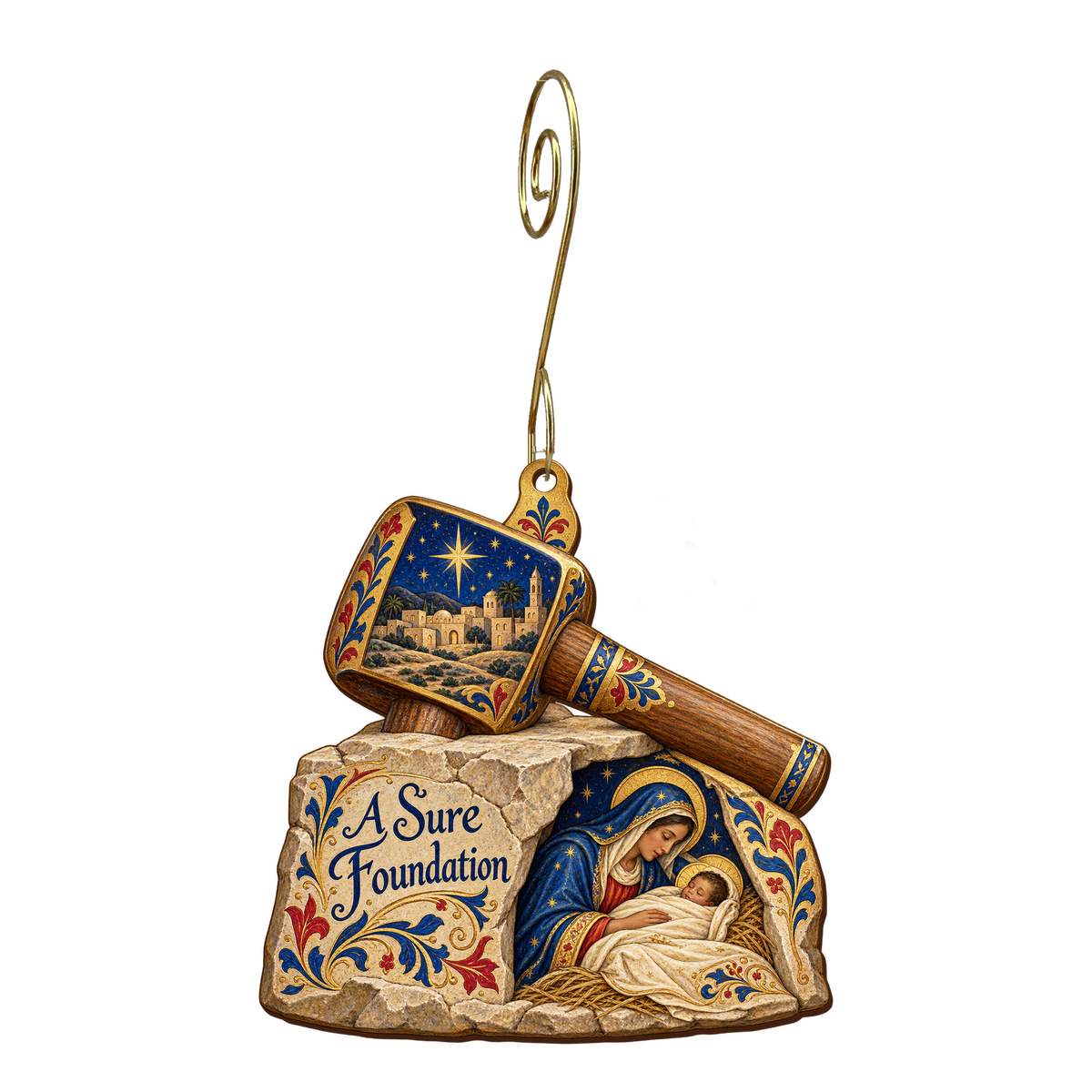 O652 — The Mason's Mallet wooden Nativity ornament with gold spiral hook