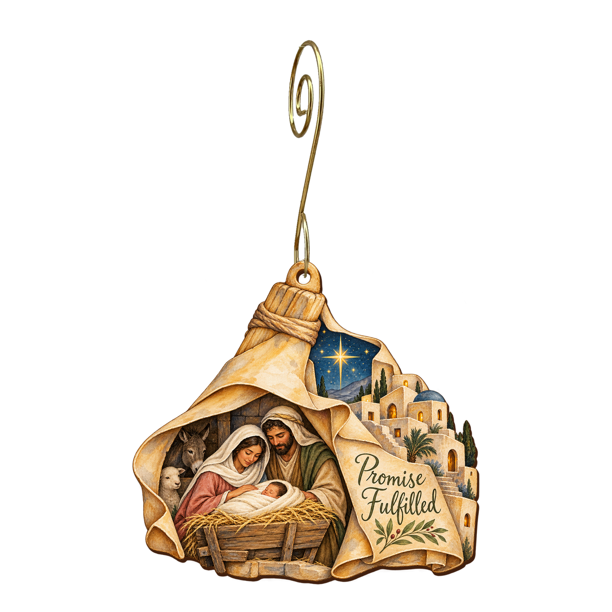 O653 — The Measuring Reed wooden Nativity ornament with gold spiral hook