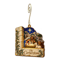 O654 — Cornerstone Cradle wooden Nativity ornament with gold spiral hook
