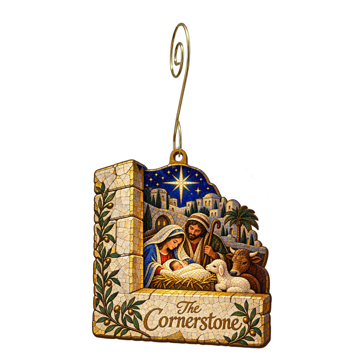 O654 — Cornerstone Cradle wooden Nativity ornament with gold spiral hook
