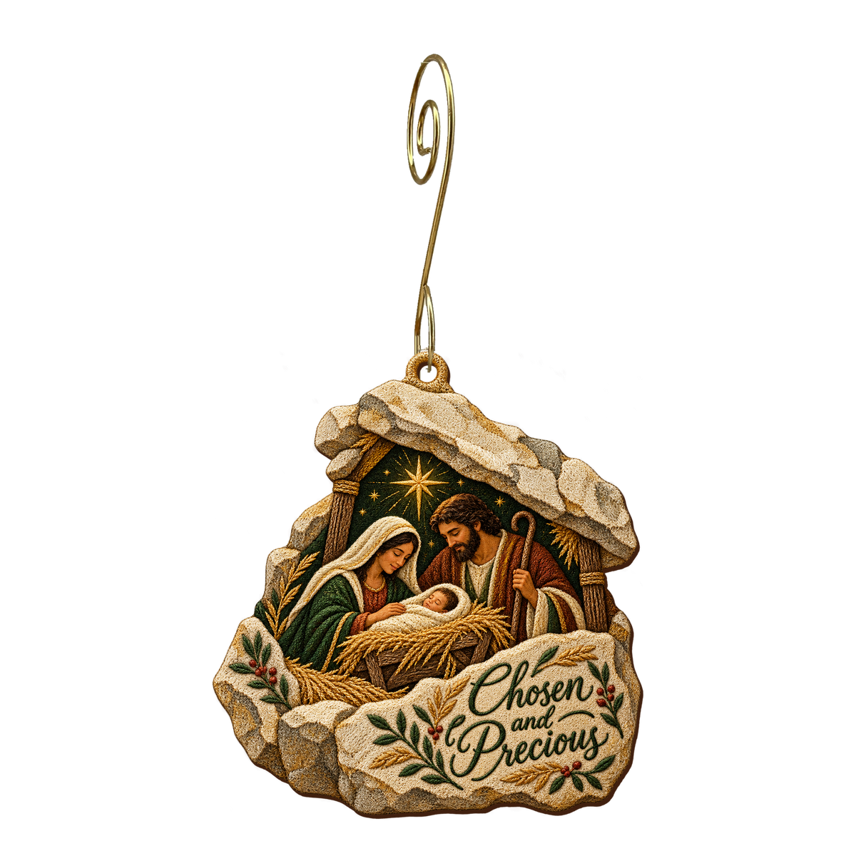 O655 — The Rejected Stone Welcomed wooden Nativity ornament with gold spiral hook