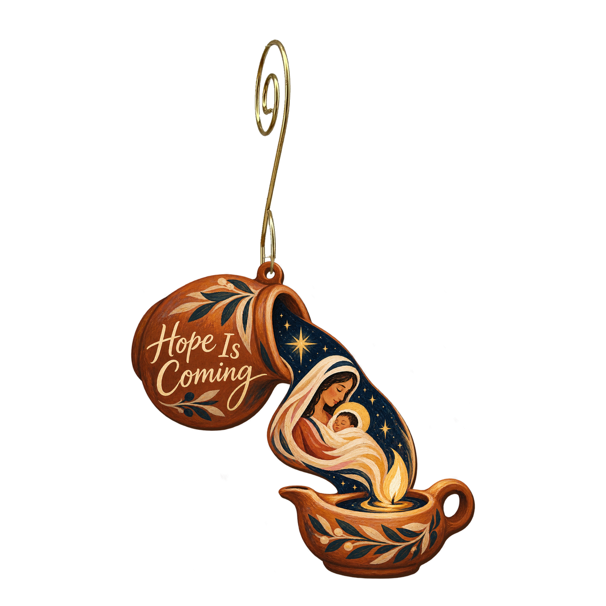 O657 — Oil Cruse of Hope wooden Nativity ornament with gold spiral hook