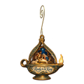 O658 — Lamp Tongs Shelter wooden Nativity ornament with gold spiral hook