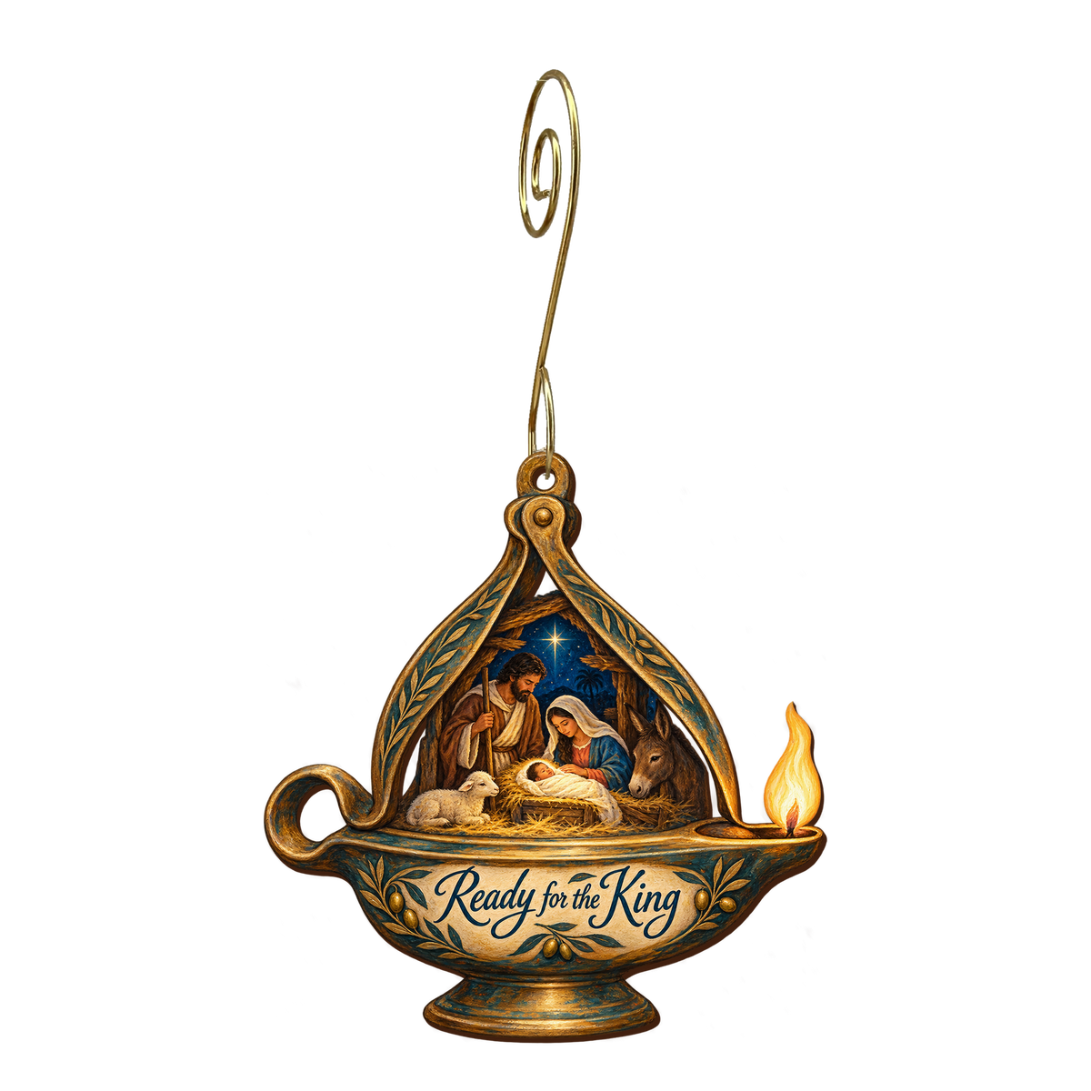 O658 — Lamp Tongs Shelter wooden Nativity ornament with gold spiral hook