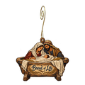 O659 — Kneading Trough Bethlehem wooden Nativity ornament with gold spiral hook