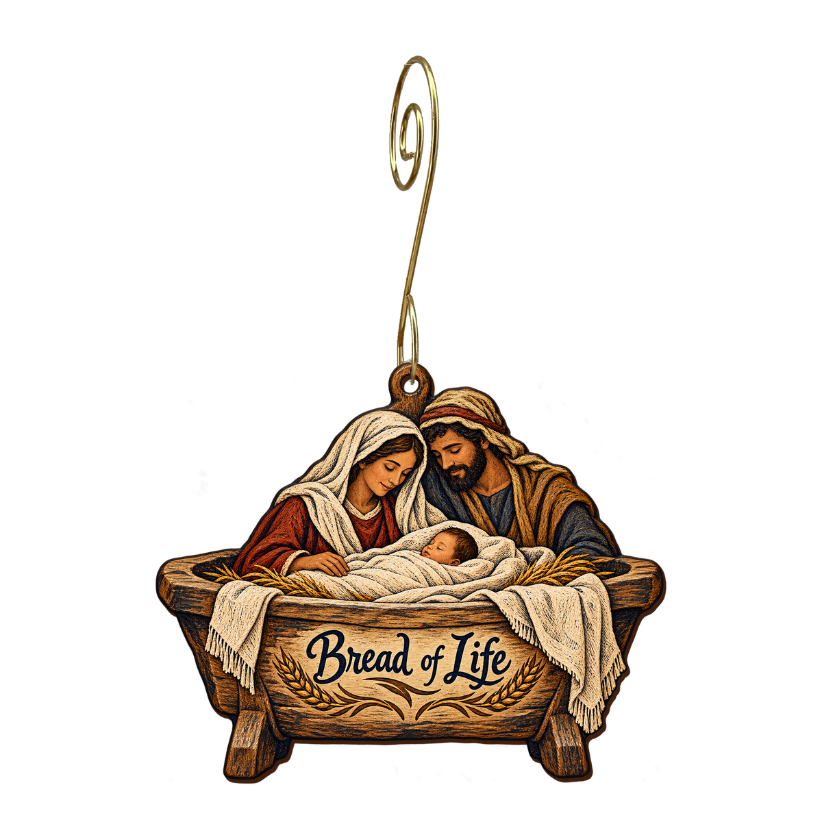 O659 — Kneading Trough Bethlehem wooden Nativity ornament with gold spiral hook