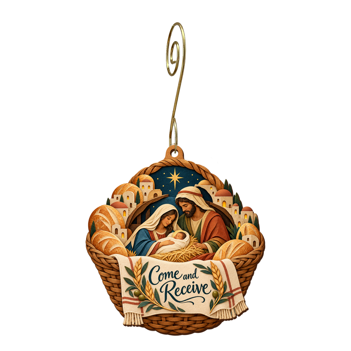 O660 — Bread Basket of Welcome wooden Nativity ornament with gold spiral hook