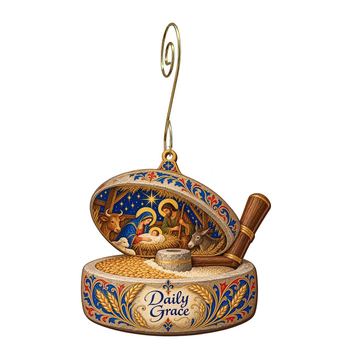 O661 — The Handmill's Dawn wooden Nativity ornament with gold spiral hook