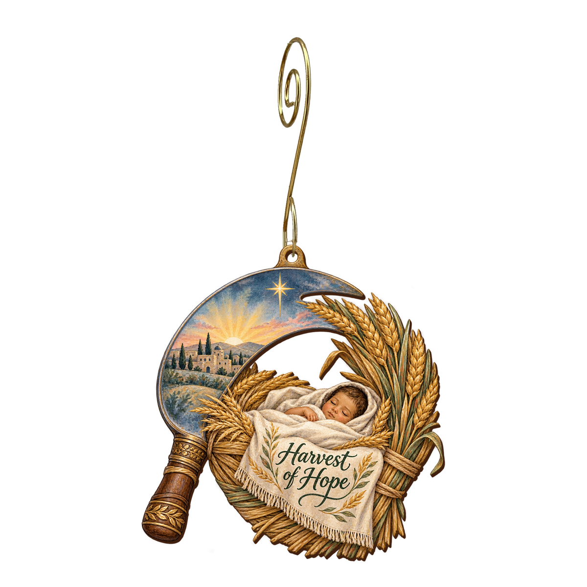 O662 — Sickle Shelters the Child wooden Nativity ornament with gold spiral hook