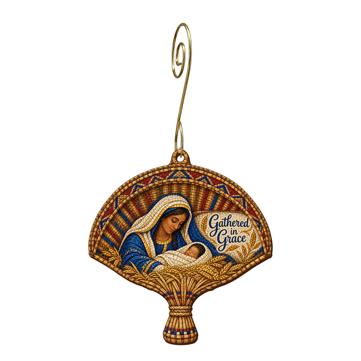 O663 — The Winnowing Fan wooden Nativity ornament with gold spiral hook