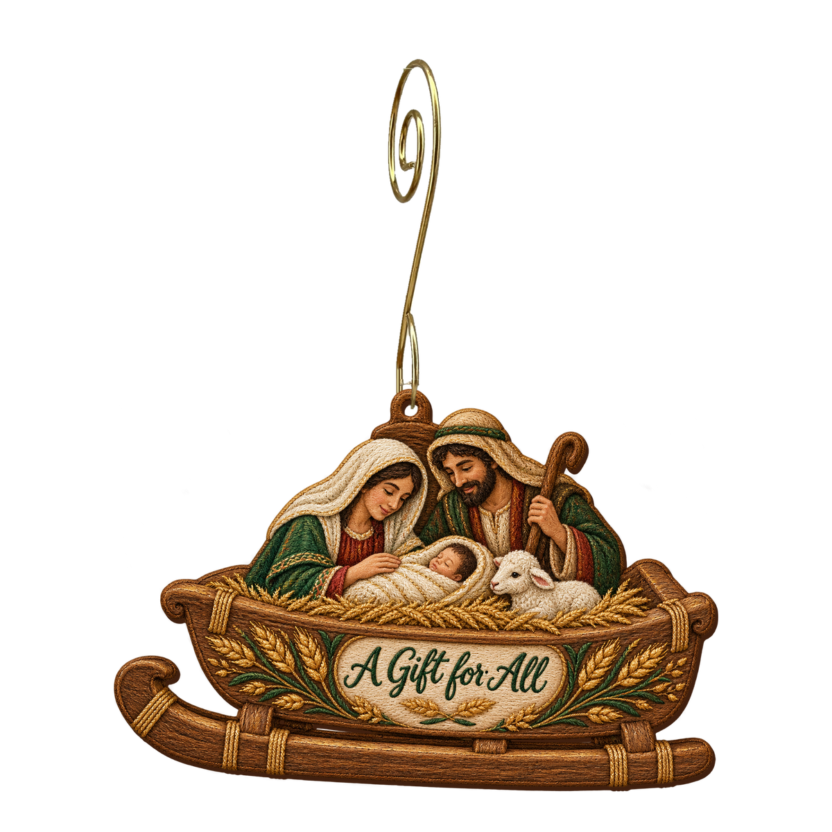 O664 — Threshing Sledge Promise wooden Nativity ornament with gold spiral hook