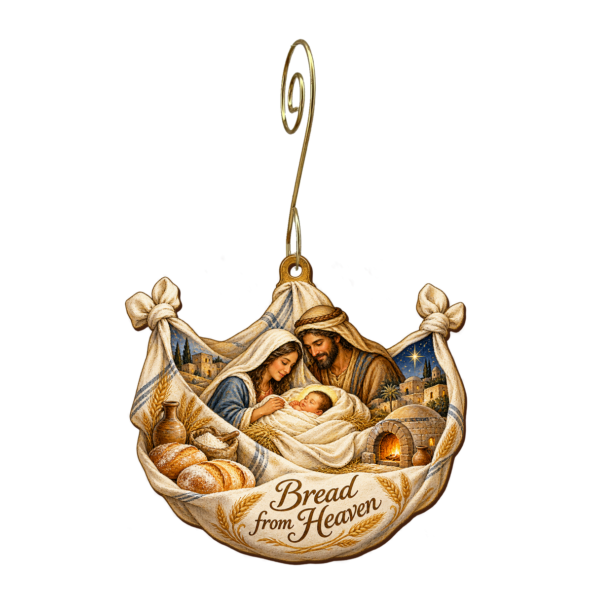 O665 — Flour Cloth Cradle wooden Nativity ornament with gold spiral hook